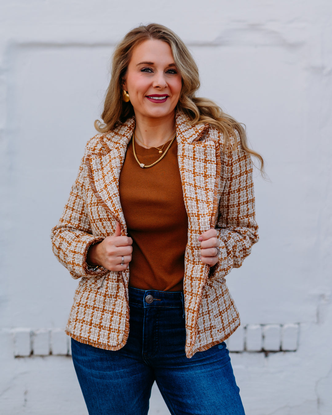 Liverpool: Blazer With Fray Edges in Gold And Khaki Plaid - The Vogue Boutique