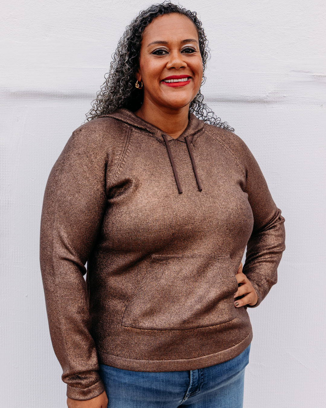 Charlie B: Foiled Raglan Sleeve Hoodie Sweater With Kangaroo Pocket in Cuivre (C2733RR)