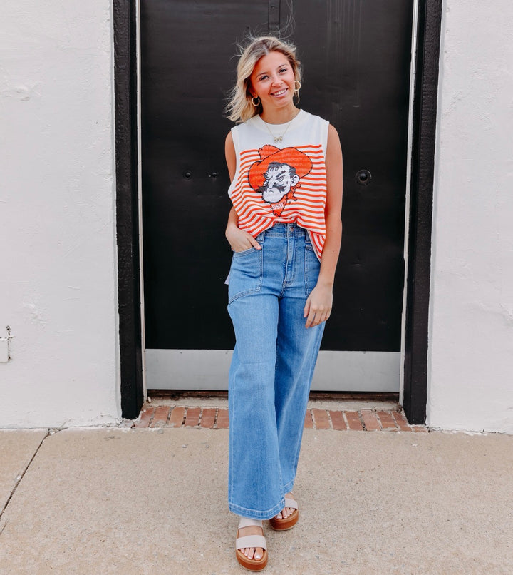 Queen Of Sparkles: Licensed Oklahoma State Mascot Striped Knit Tank in Multi
