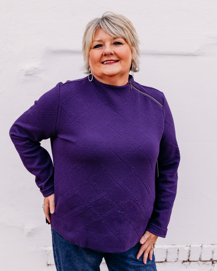 Multiples: Funnel Neck Top With Shoulder Zipper in Eggplant (M46504TM)