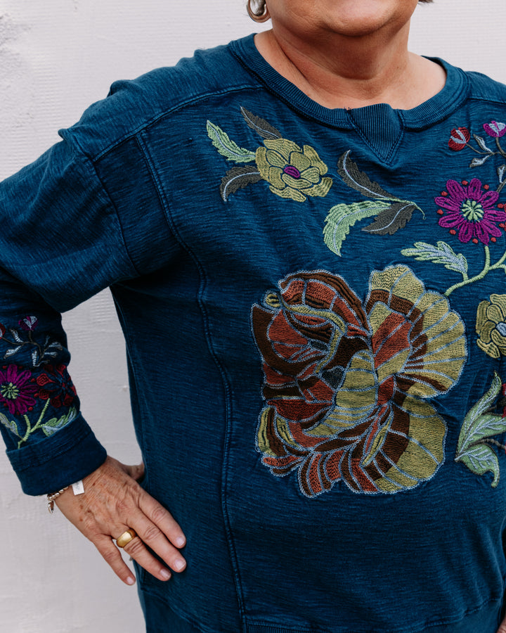 Tru Luxe: Garment Dyed Pieced Sweatshirt With Embroidery in Blue (T36499TM)