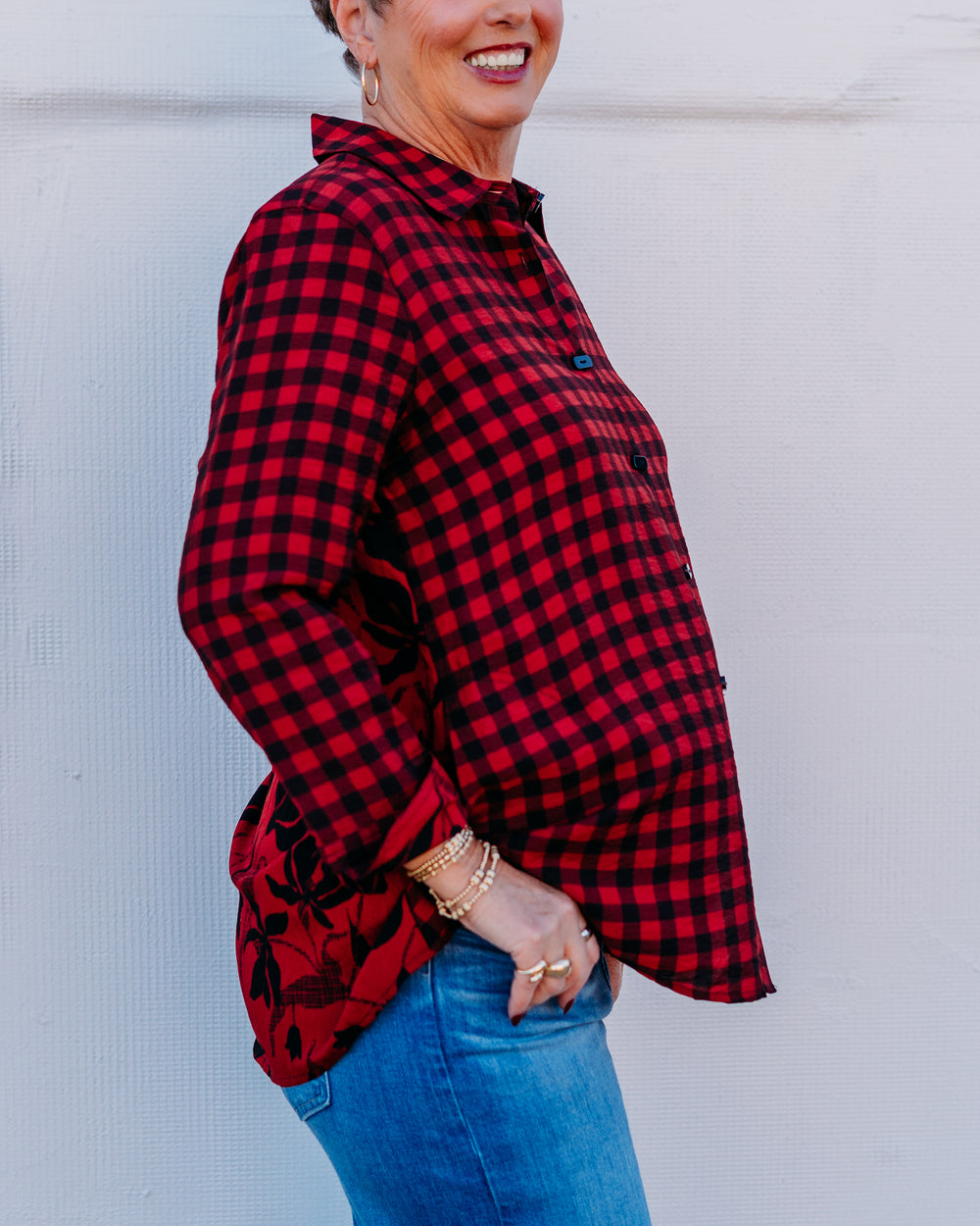 Multiples: Turn-up Cuff 3/4 Sleeve Button Front Woven Shirt in Multi (M45203BM) - The Vogue Boutique