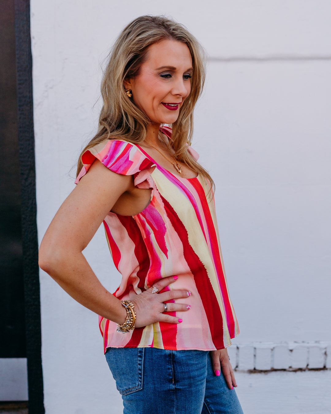 Liverpool: Flutter Sleeve Scoop Neck Woven Top in Pink Multi - The Vogue Boutique