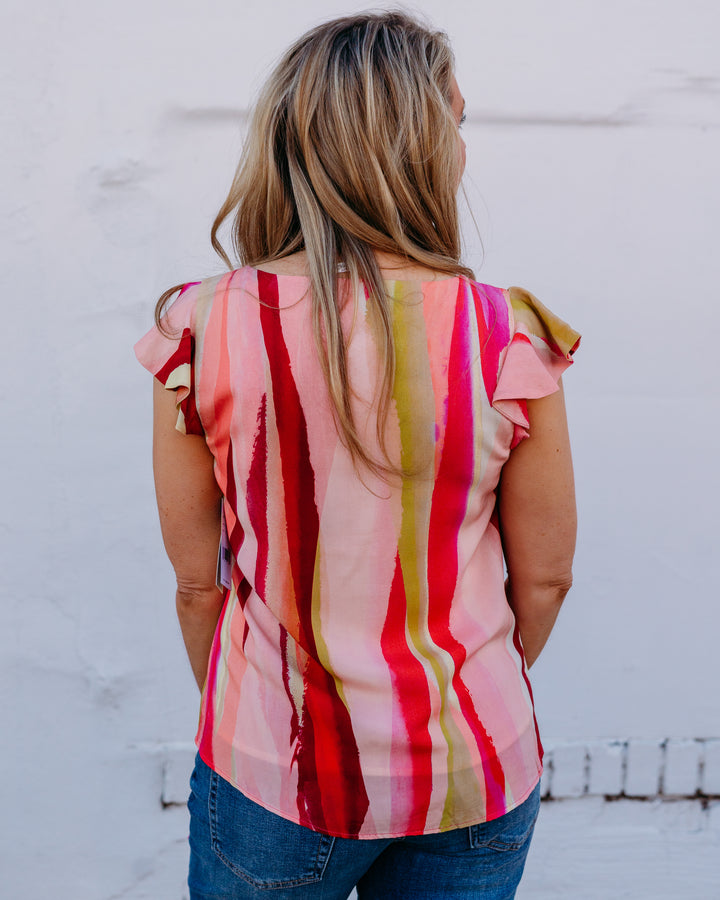 Liverpool: Flutter Sleeve Scoop Neck Woven Top in Pink Multi - The Vogue Boutique