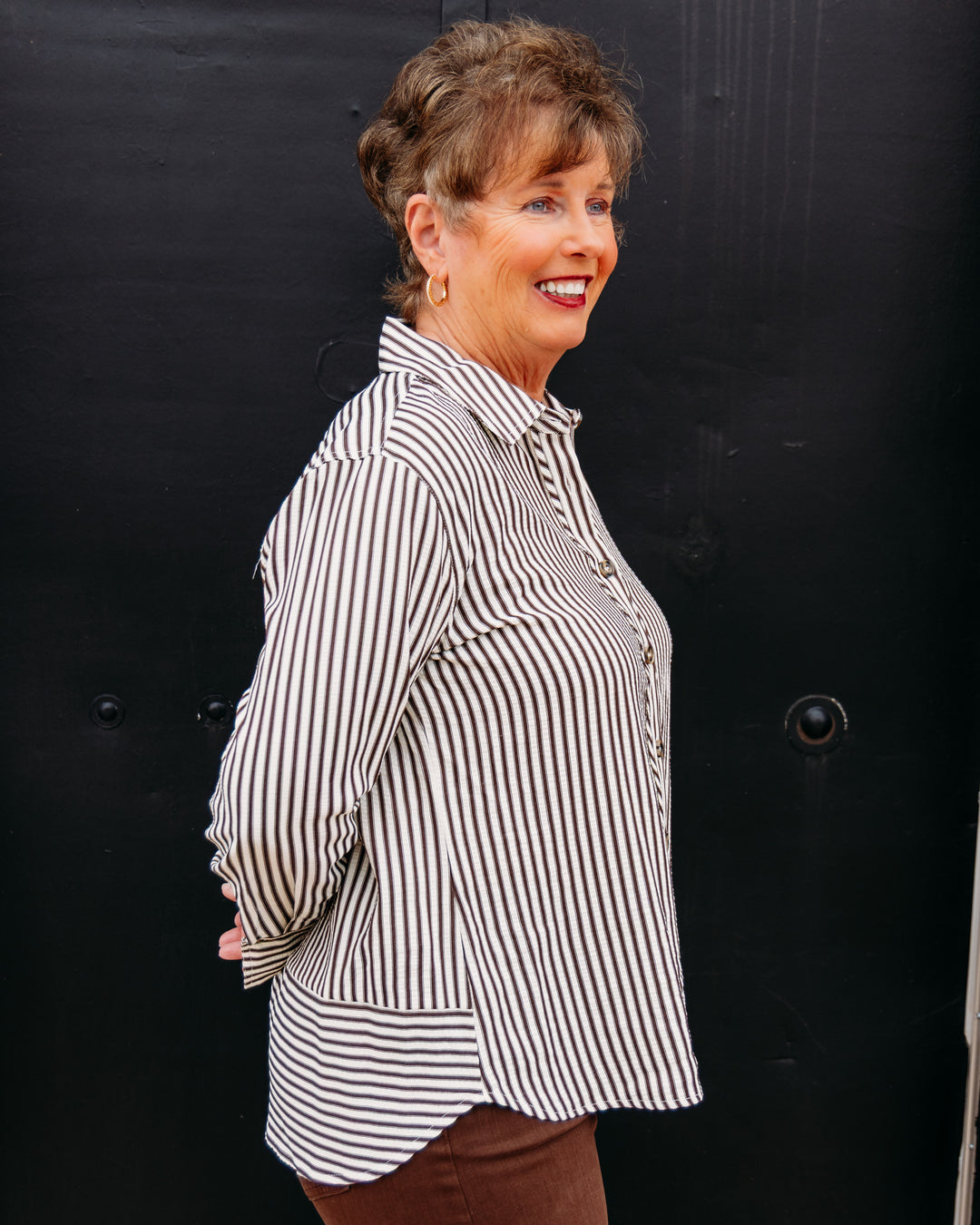 Multiples: Cuff Stripe Long Sleeve in Dark brown (M46611BM)