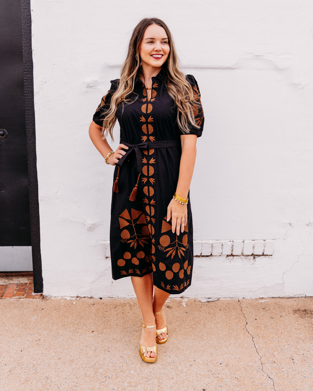 Uncle Frank: Placket Embroidered Dress in Black (73697)
