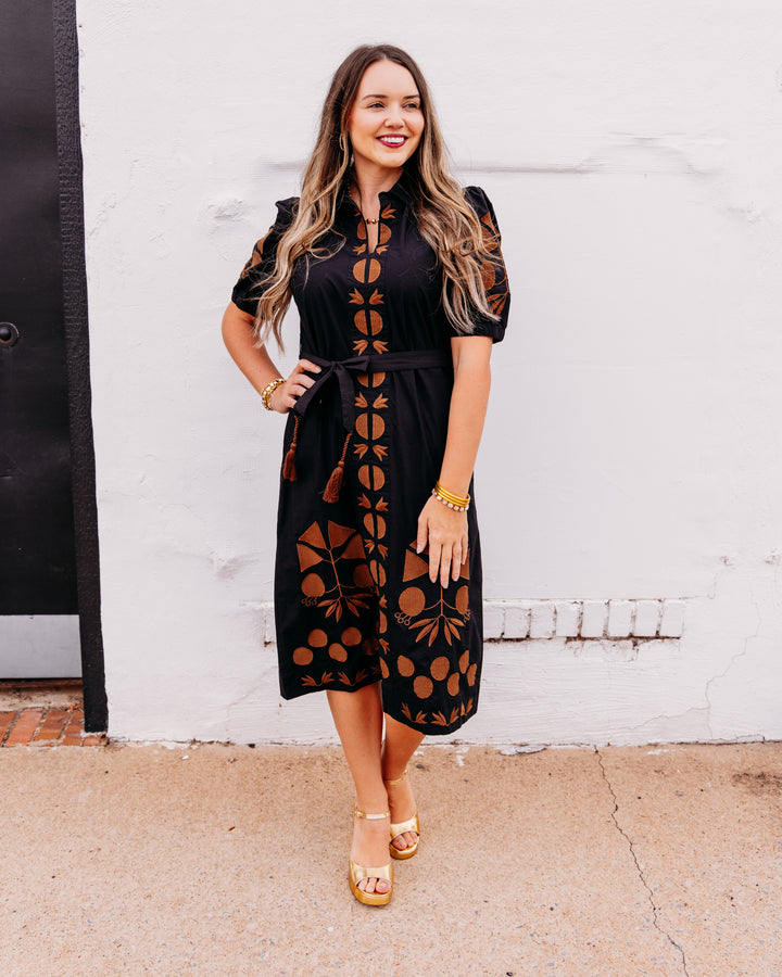 Uncle Frank: Placket Embroidered Dress in Black (73697)