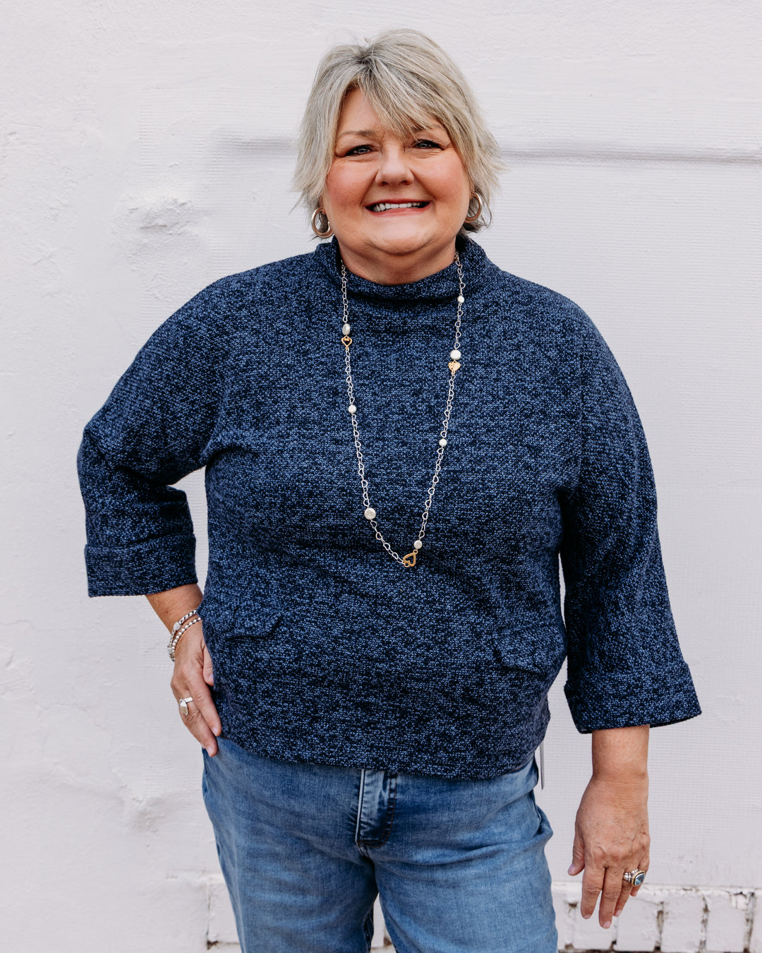 French Dressing Jeans: Boat Mockneck Knit Popover in Indigo (3798959)