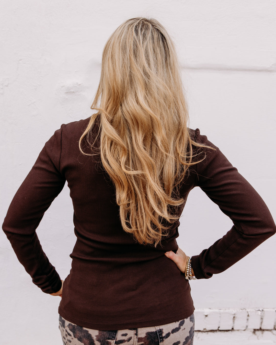 Charlie B:Tencel Rib Long Sleeve Crew Neck Top in Café (C1448PK)