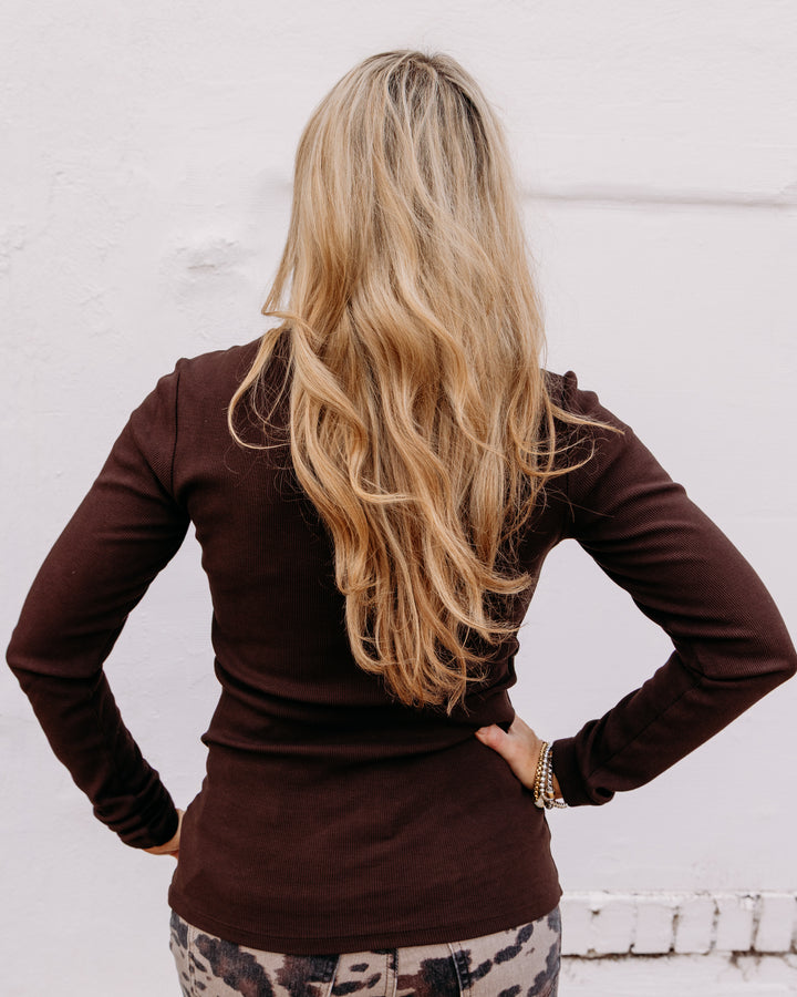 Charlie B:Tencel Rib Long Sleeve Crew Neck Top in Café (C1448PK)