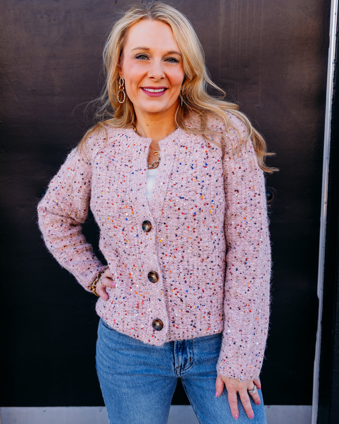 Tribal: Tweed Like Sequined Sweater Cardigan in Macaron
