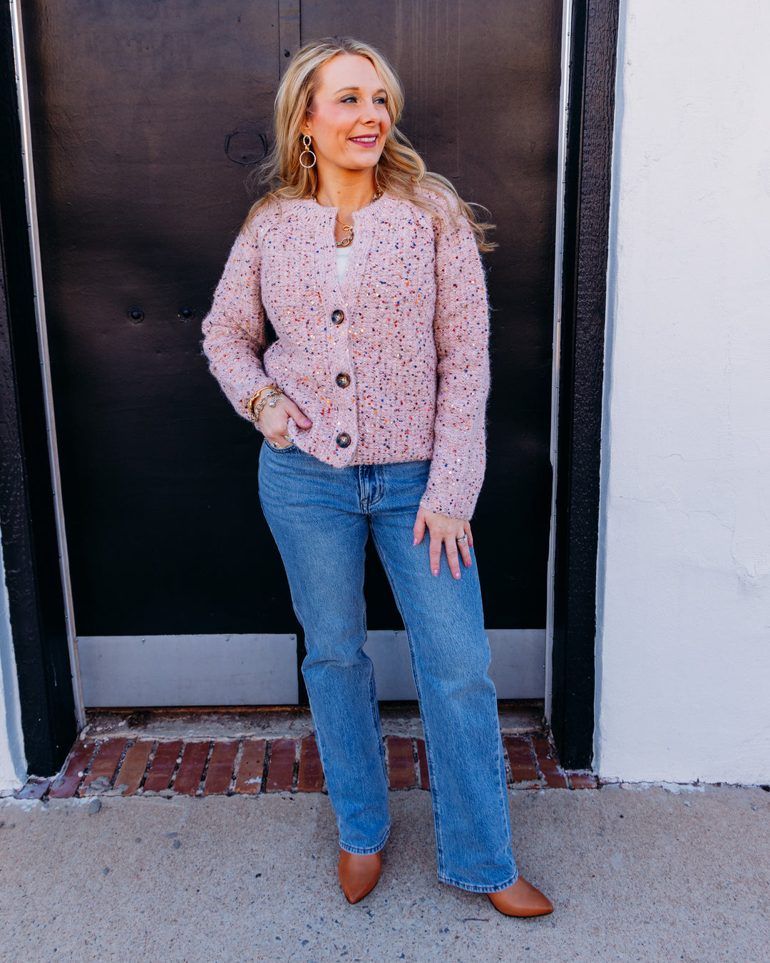 Tribal: Tweed Like Sequined Sweater Cardigan in Macaron