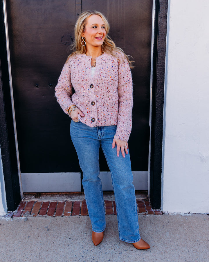 Tribal: Tweed Like Sequined Sweater Cardigan in Macaron