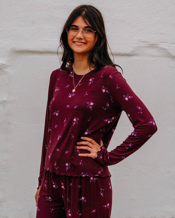 Z Supply: Bella Ditsy Long Sleeve Top in Merlot - The Vogue Boutique