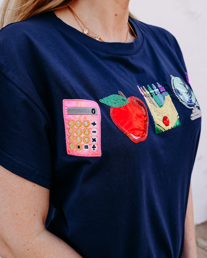 Queen Of Sparkles: Navy Mini School Icon Tee in Navy (FALL26266)