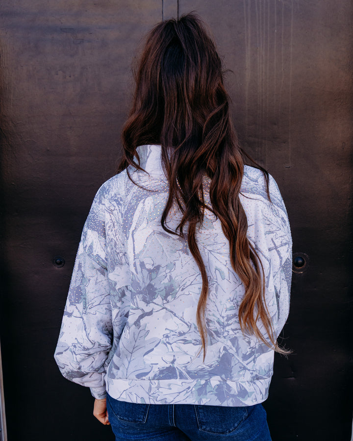 Queen of Sparkles: Grey Rhinestone Forest Camo Mockneck Sweatshirts in Grey