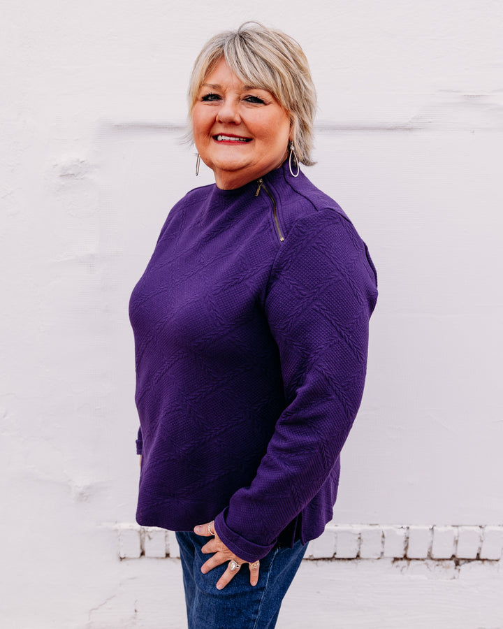 Multiples: Funnel Neck Top With Shoulder Zipper in Eggplant (M46504TM)