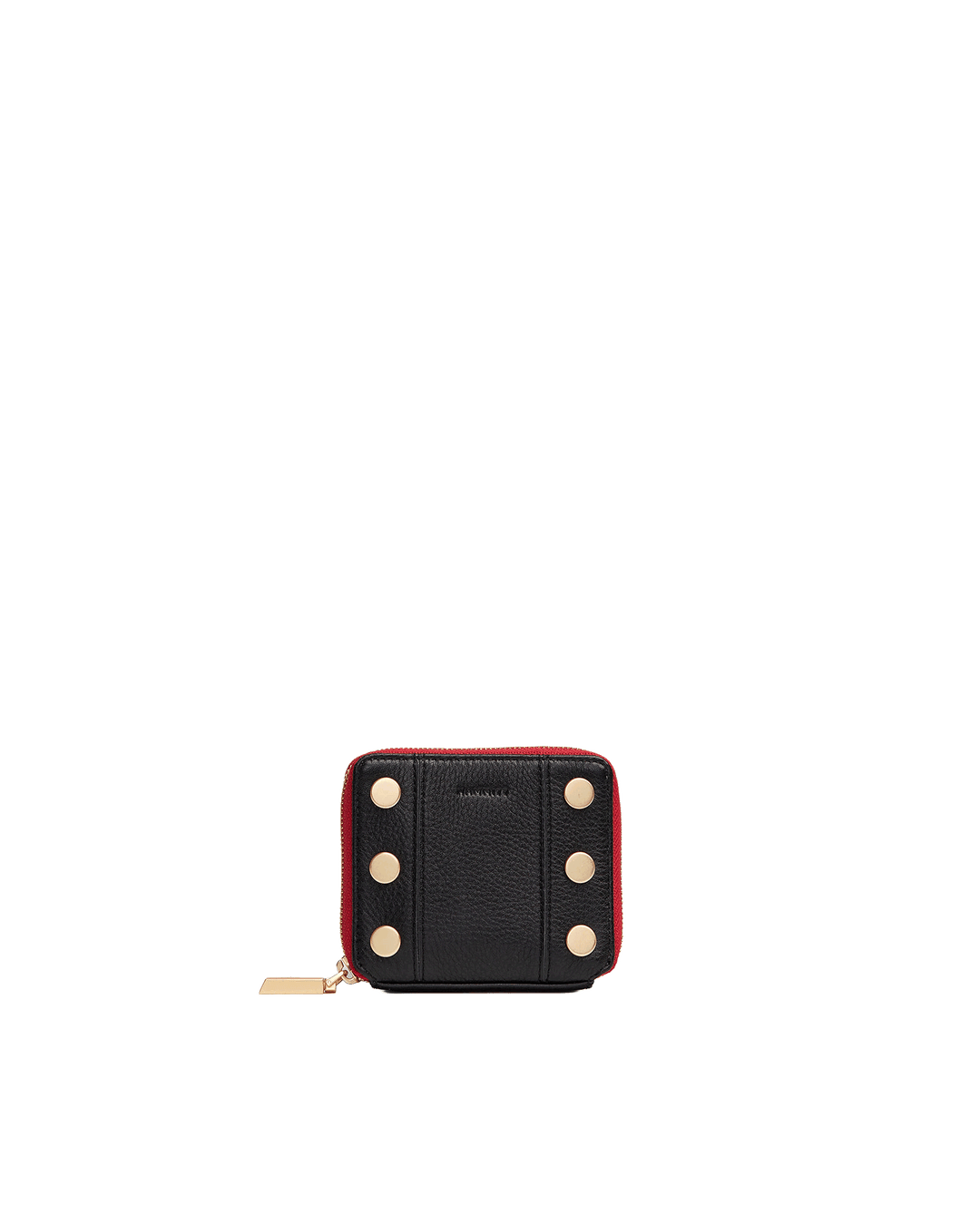 Hammitt 5 North zip wallet in black leather with gold studs and red zipper
