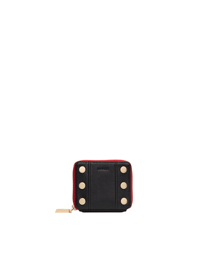 Hammitt 5 North zip wallet in black leather with gold studs and red zipper