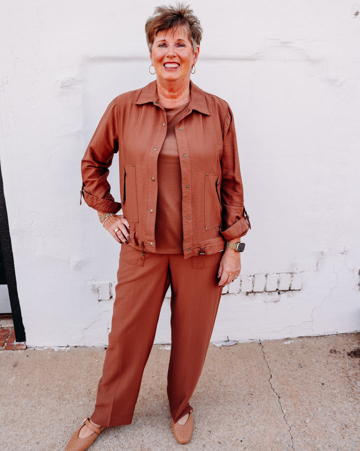 Multiples: Zip and Button Front Elastic Back Woven Ankle Pant with Real Front Pockets in Cocoa (M36512PM)