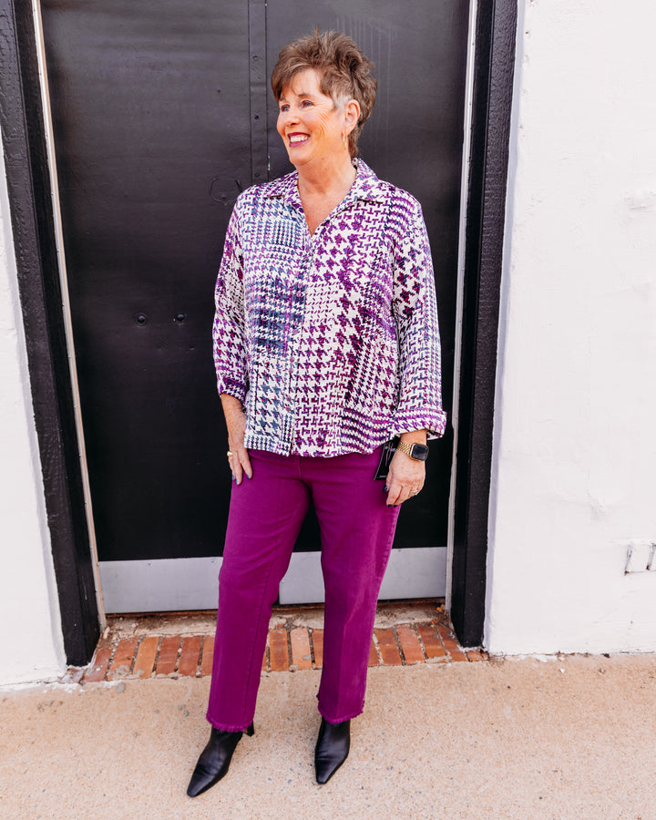 Multiples: Woven 3/4 Sleeve Button Front Shirt in Multi (M46501BM)