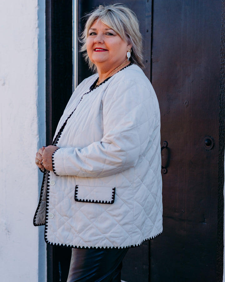 Karen Kane: Edge Stitch Quilted Jacket in Cream/Black (4L38000) - The Vogue Boutique