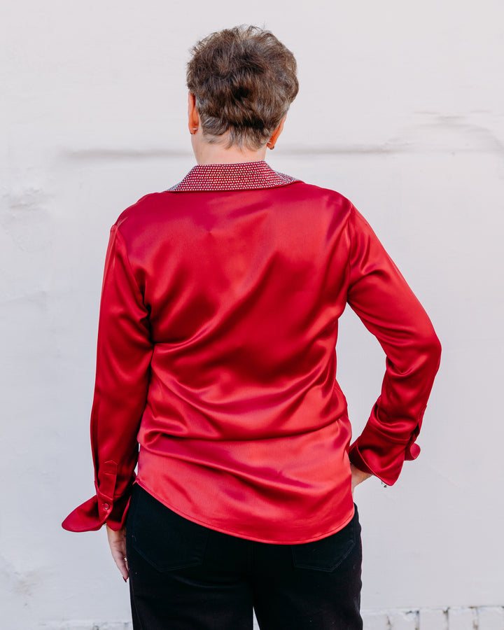 Joseph Ribkoff: Satin Button-Front Blouse with Embellished Collar in Deep Cherry (254926) - The Vogue Boutique