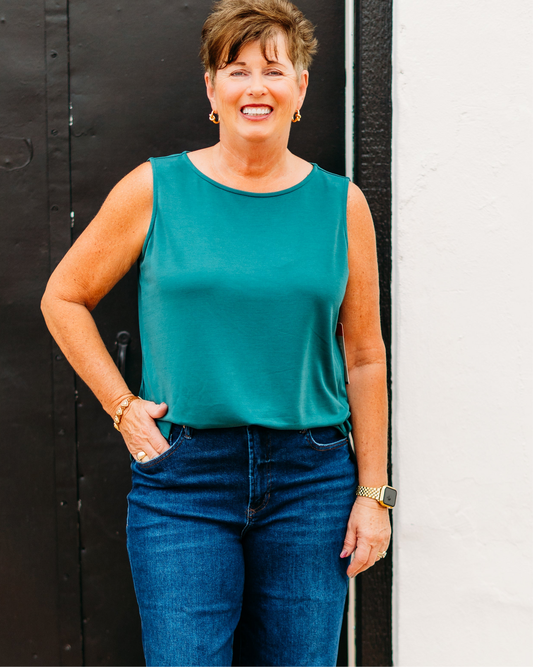 Multiples: High Neck Tank Top in Green(M35101TM) - The Vogue Boutique