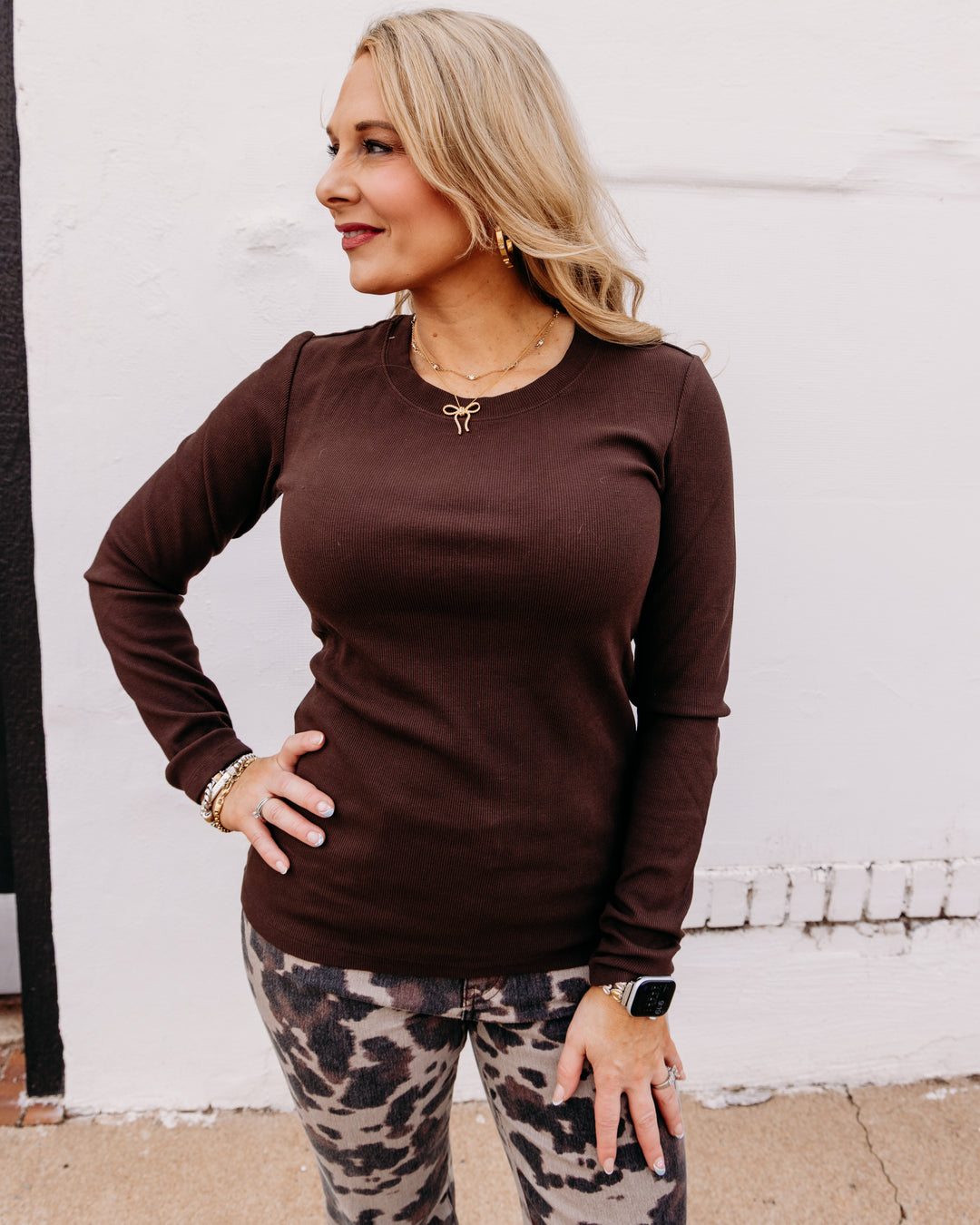 Charlie B:Tencel Rib Long Sleeve Crew Neck Top in Café (C1448PK)