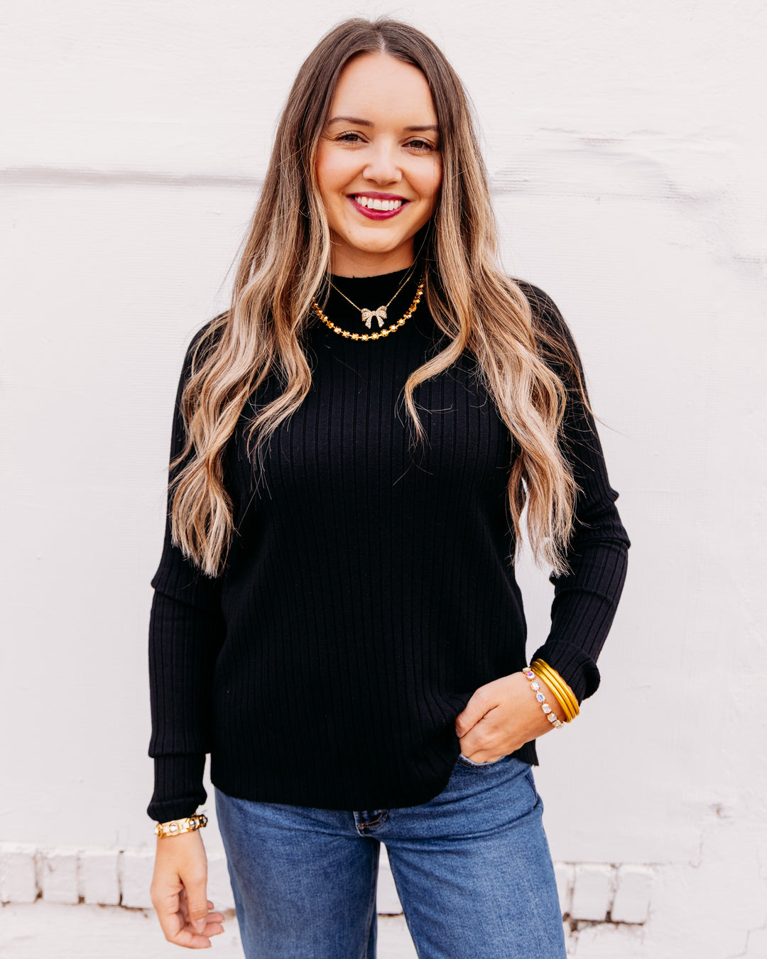 Charlie B: Ribbed Knit Mock Sweater in Noir (C2754RP)