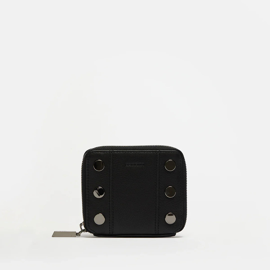 Hammitt 5 North zip-around wallet in black leather with gunmetal stud hardware
