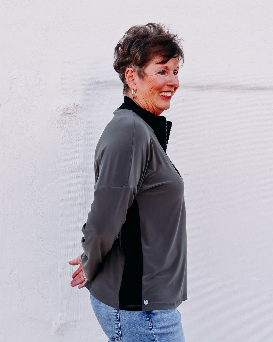 Joseph Ribkoff: Silky Knit Color Block Straight Top in Avocado/Black (263606)