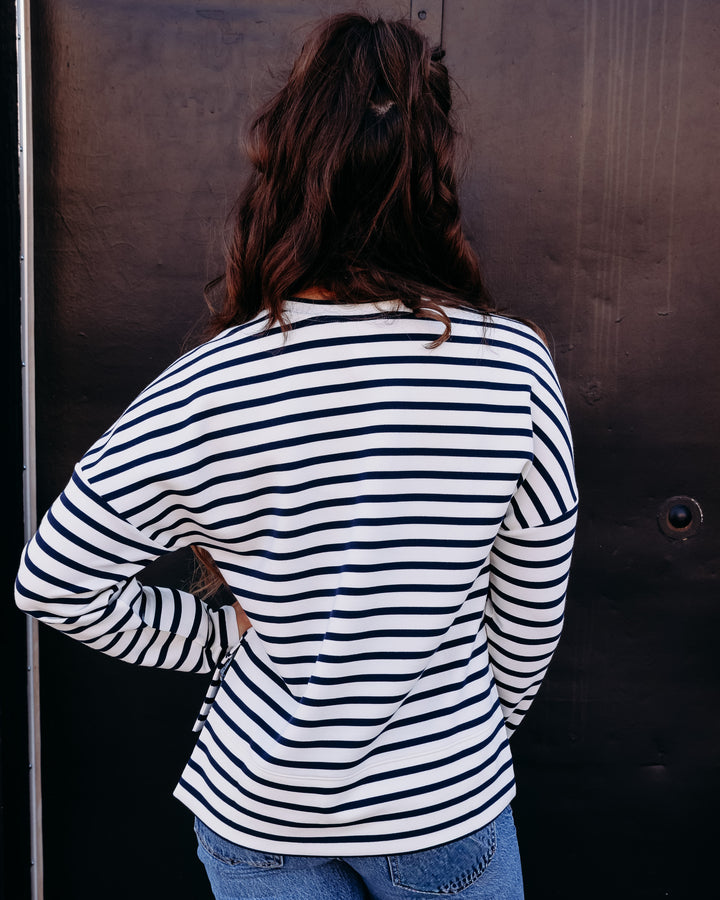 SPANX AIRESSENTIALS® CREWNECK LONG SLEEVE TOP IN YACHT STRIPED NAVY (228O7R)