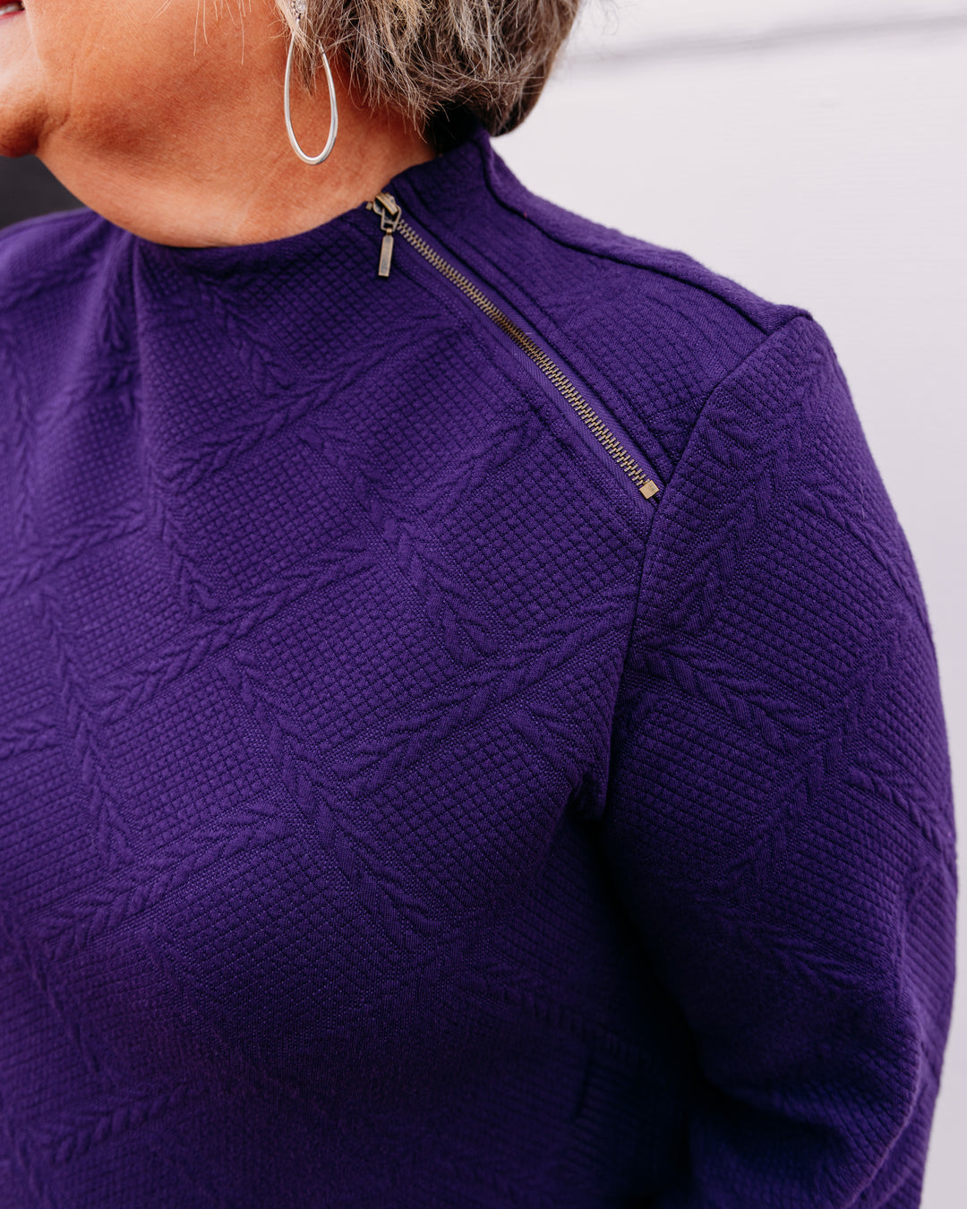 Multiples: Funnel Neck Top With Shoulder Zipper in Eggplant (M46504TM)
