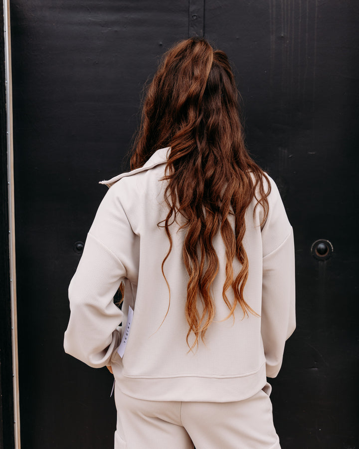 Tribal: Long Sleeve Mock Neck Zip Cardigan With Pocket in Sanddune