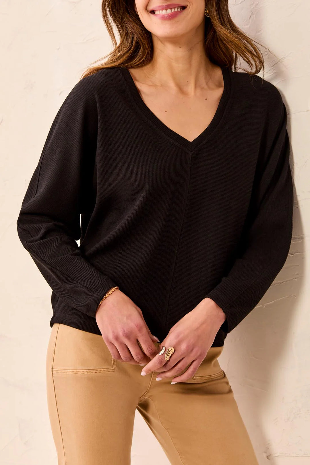 Tribal: Long Sleeve Dolman V-Neck Top in Black (6241O-5607)