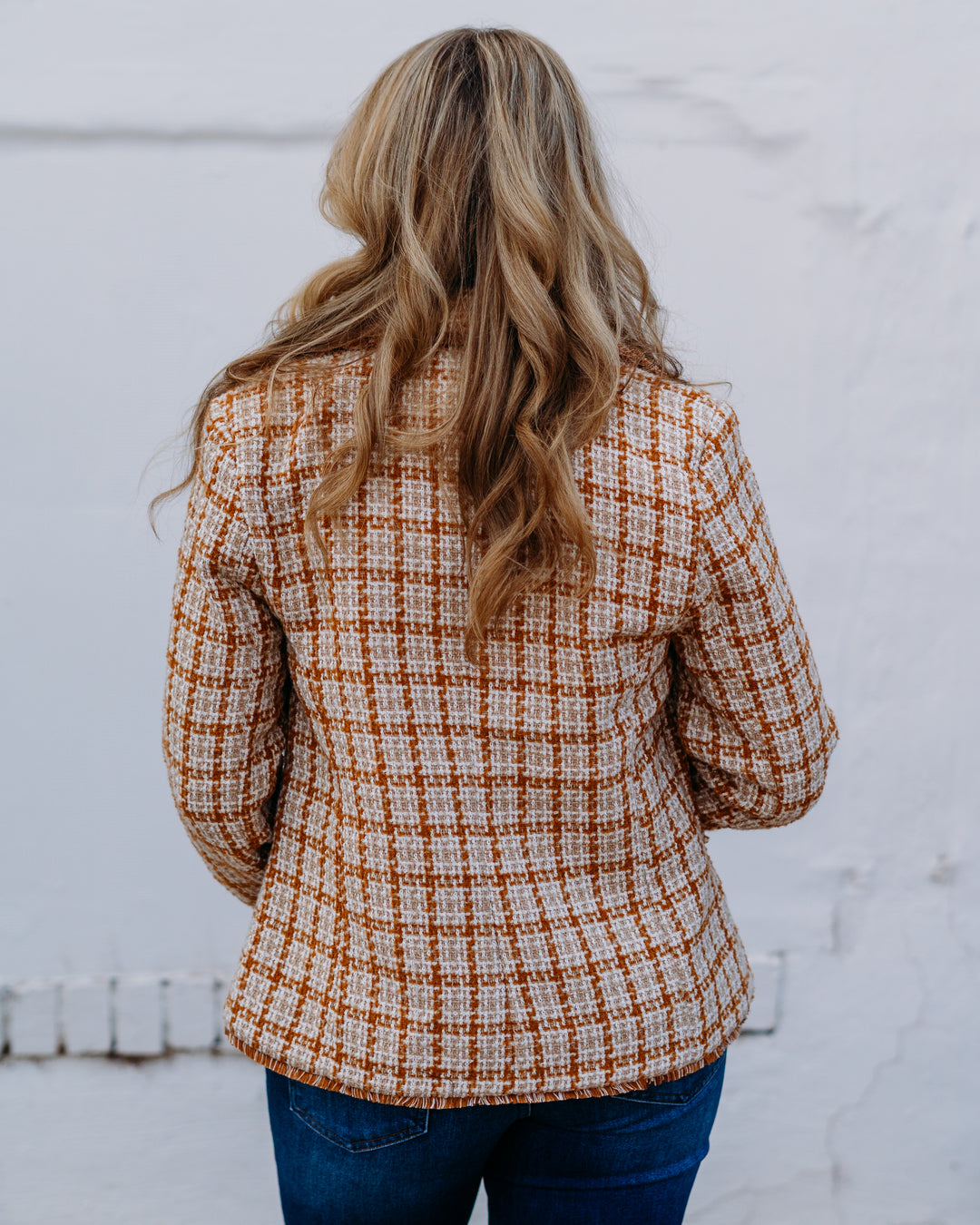 Liverpool: Blazer With Fray Edges in Gold And Khaki Plaid - The Vogue Boutique
