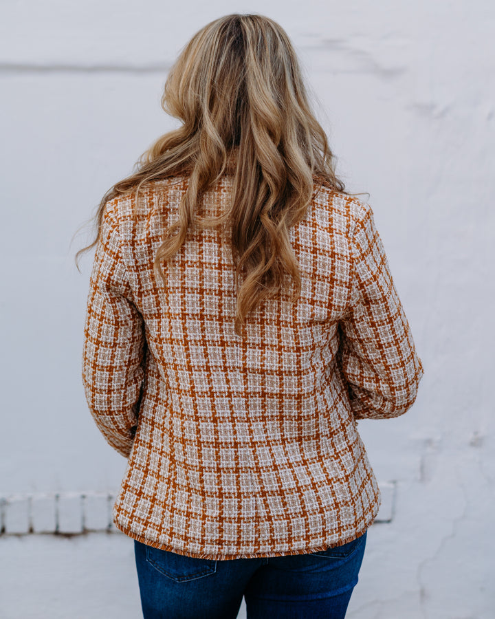 Liverpool: Blazer With Fray Edges in Gold And Khaki Plaid - The Vogue Boutique