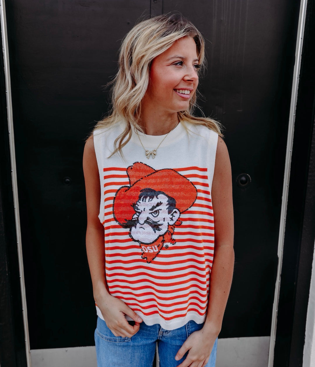 Queen Of Sparkles: Licensed Oklahoma State Mascot Striped Knit Tank in Multi
