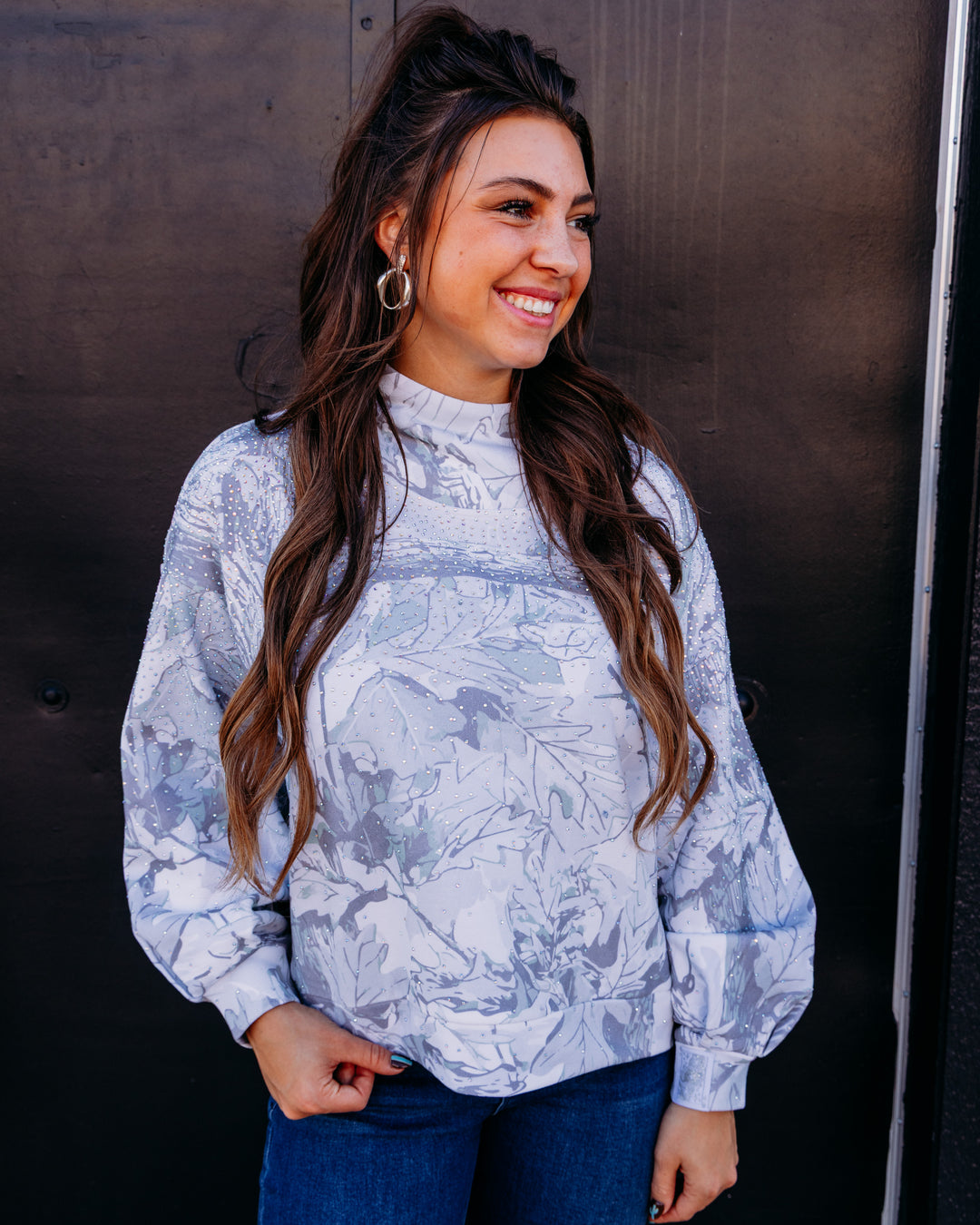 Queen of Sparkles: Grey Rhinestone Forest Camo Mockneck Sweatshirts in Grey