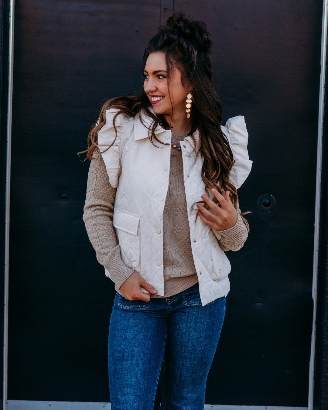 Jodifl: Puffer Vest with Bows in Ivory - The Vogue Boutique