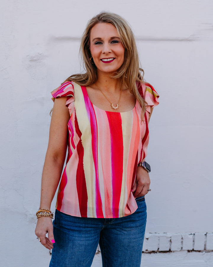 Liverpool: Flutter Sleeve Scoop Neck Woven Top in Pink Multi - The Vogue Boutique