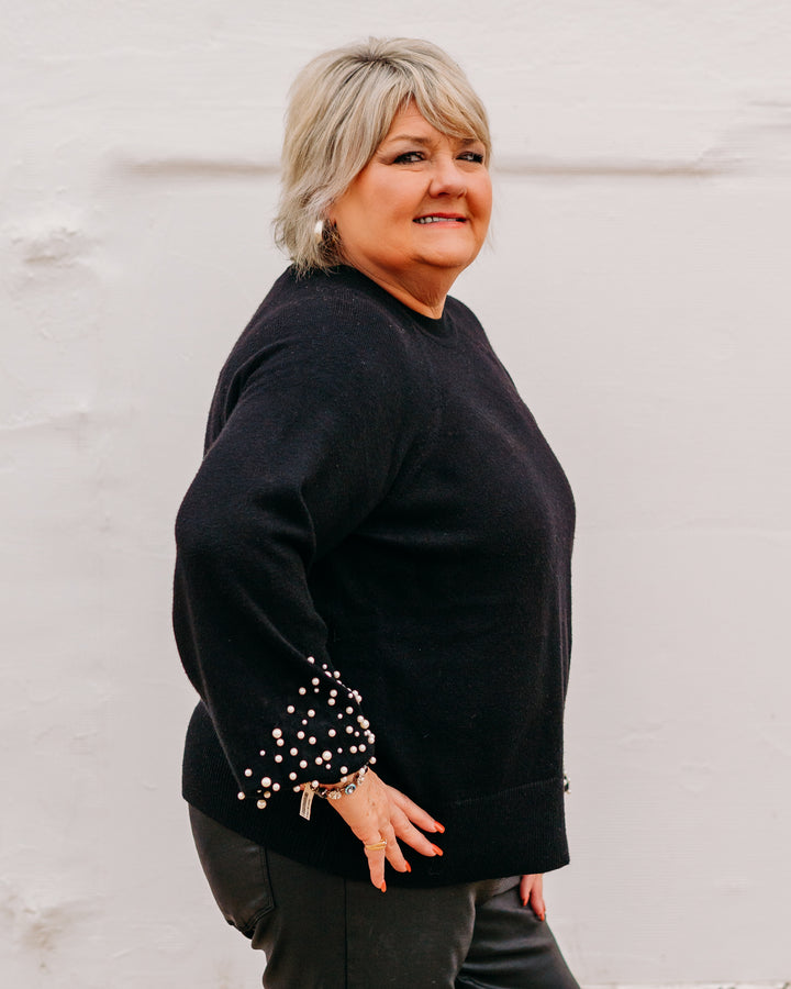 Charlie B: Crew Neck Sweater With Pearl Details in Black - The Vogue Boutique