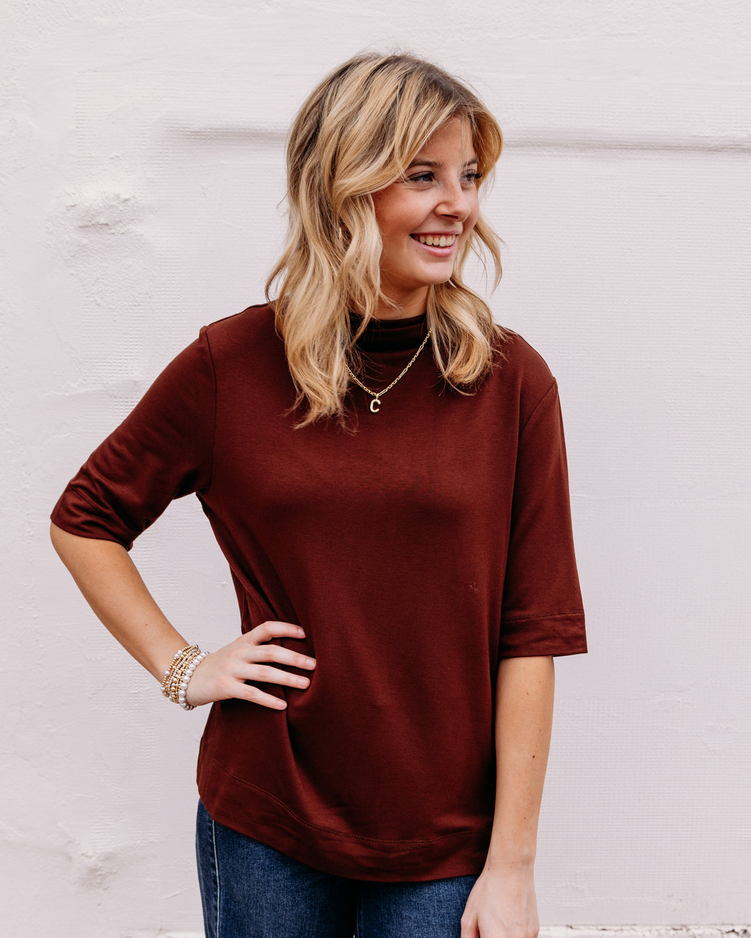 Tribal: Funnel Neck Elbow Sleeve Knit Top in Rusticbrown (6310O-5125)