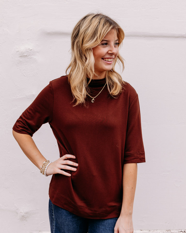 Tribal: Funnel Neck Elbow Sleeve Knit Top in Rusticbrown (6310O-5125)