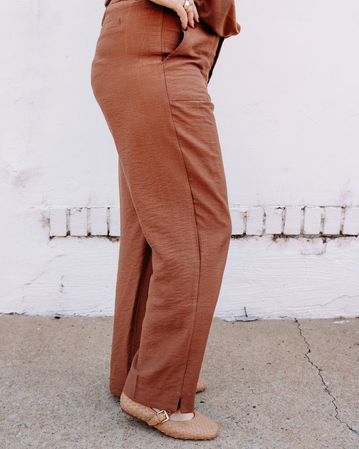 Multiples: Zip and Button Front Elastic Back Woven Ankle Pant with Real Front Pockets in Cocoa (M36512PM)