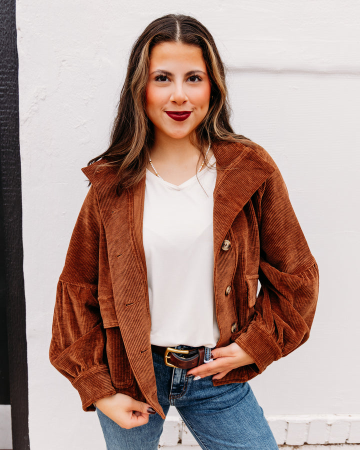 Tru Luxe: Woven Stand Collar Button Front Cord Jacket in Chocolate (T4623JM)