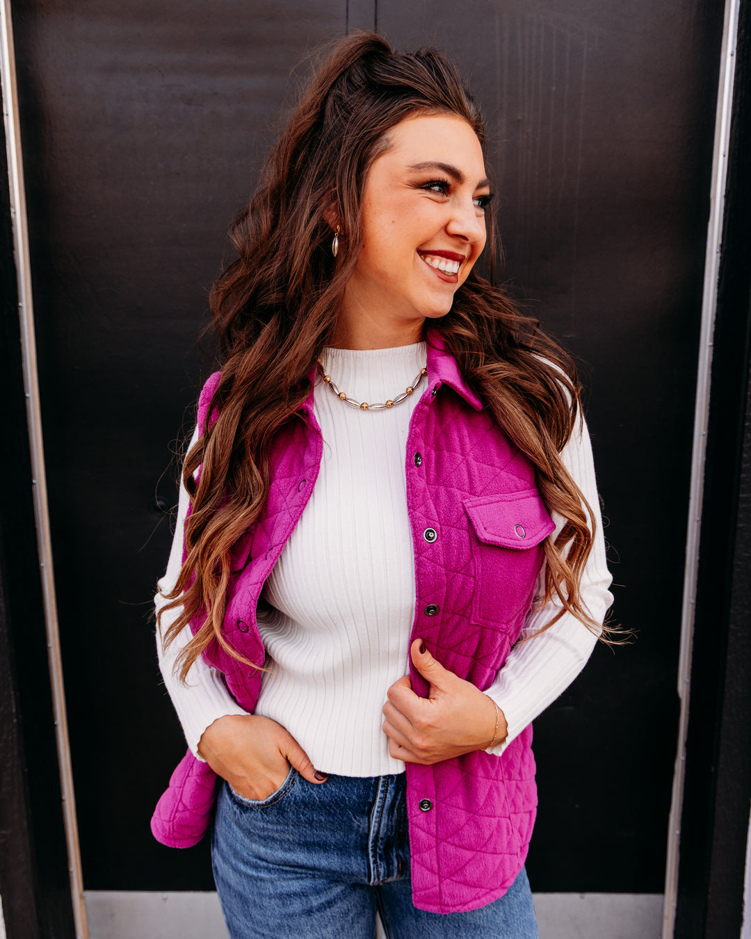 Multiples: Snap Front Quilted Vest in Deep Fuchsia (M46114VM)