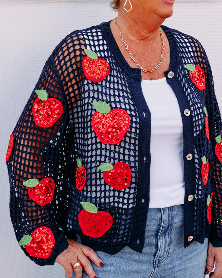 Queen Of Sparkles: Crochet Navy & Red Sequin Apple Button Up Sweater in Navy (FALL2673)