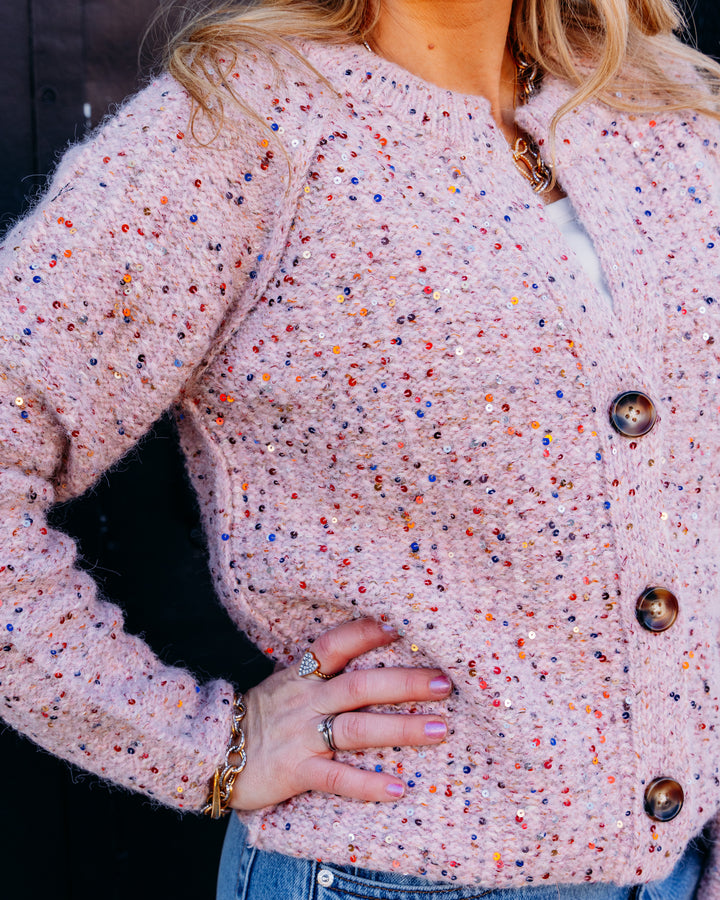 Tribal: Tweed Like Sequined Sweater Cardigan in Macaron